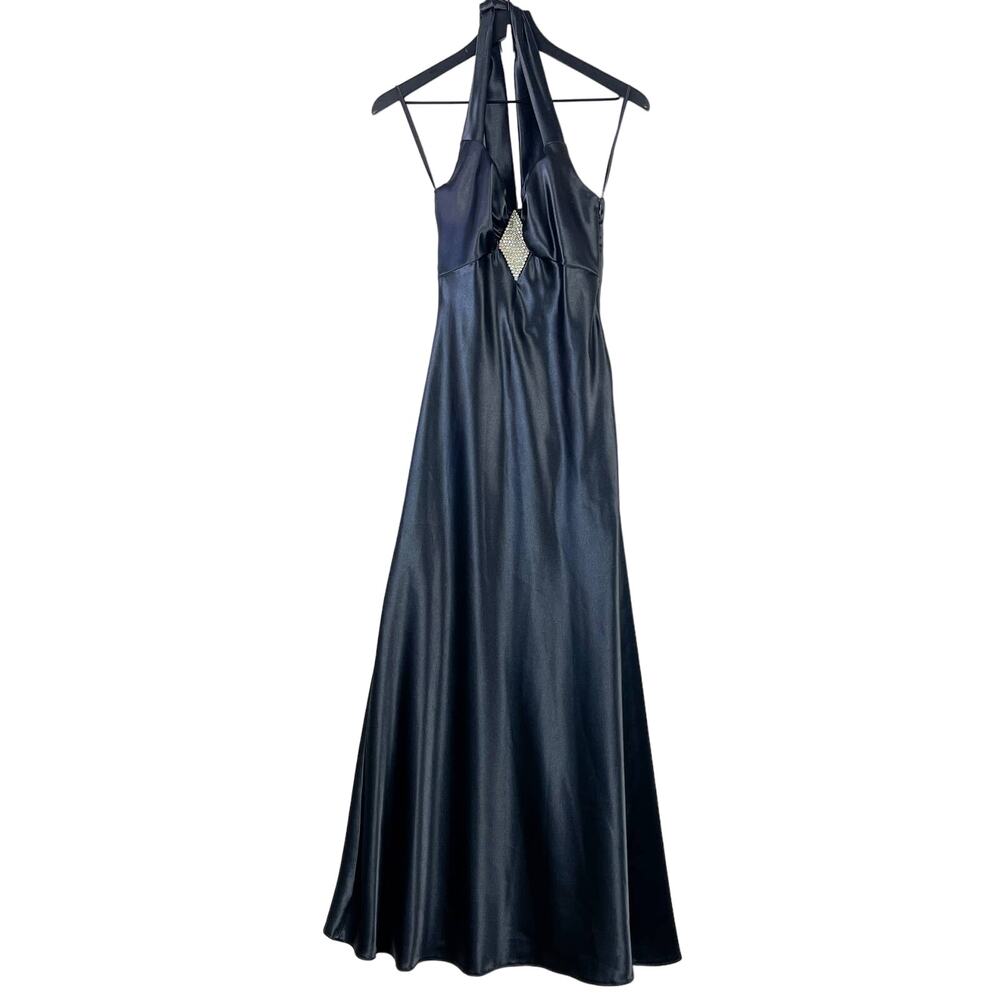 Vintage Jessica McClintock Gunne Sax Prom Maxi Satin Halter Dress Black - XS 3 4